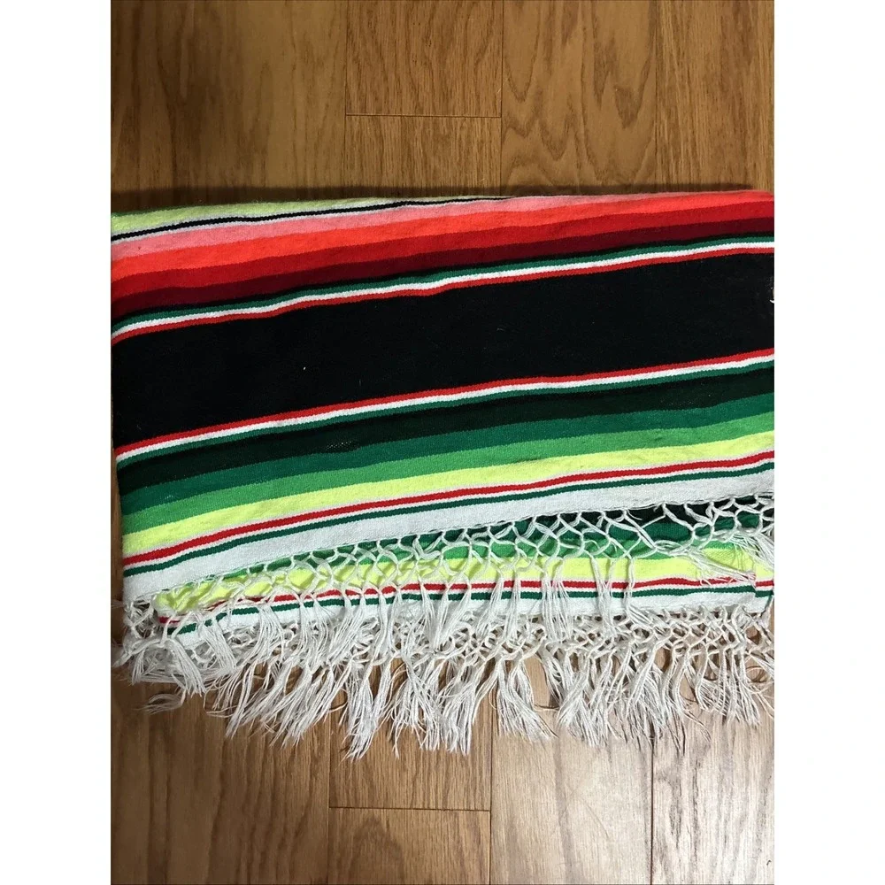 Traditional Colorful Striped Fringed Woven  Mexican Blanket 7' X 3'